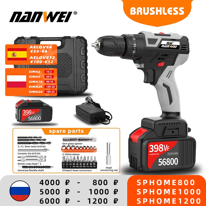 NANWEI 2020 Impact Cordless Drill Brushless Cordless Drill Impact Electric Drill Power Tools Hammer Drill|Electric Drills|   - AliExpress